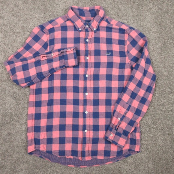Vineyard Vines Shirt Mens Large Pink Blue Plaid Twill Flannel Whale Button Up - Picture 2 of 8